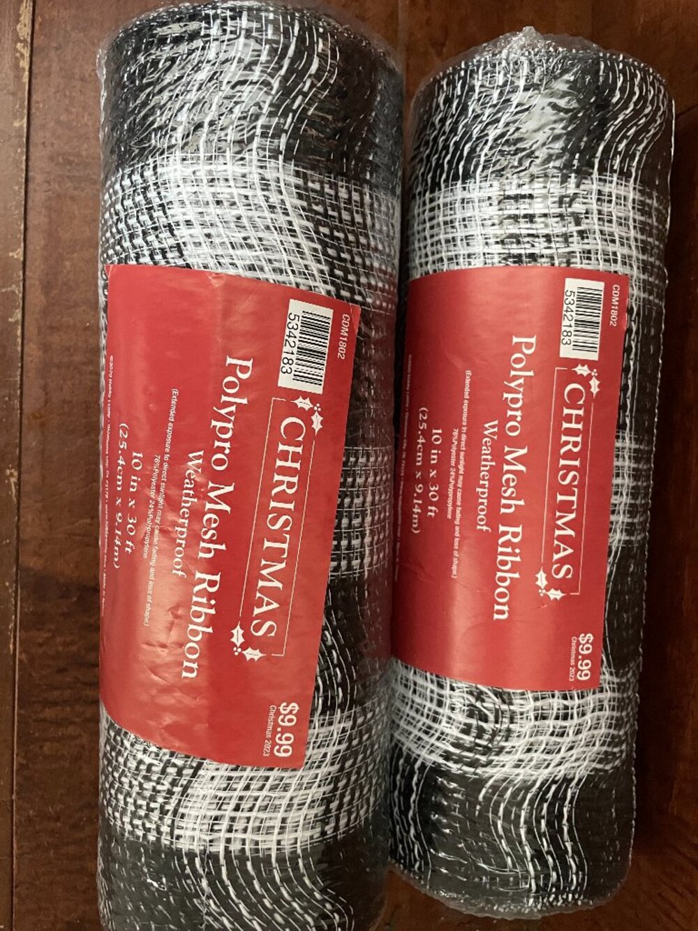 Set of 2 Christmas Polypro Mesh Ribbons- Weatherproof-Black and White-NWT